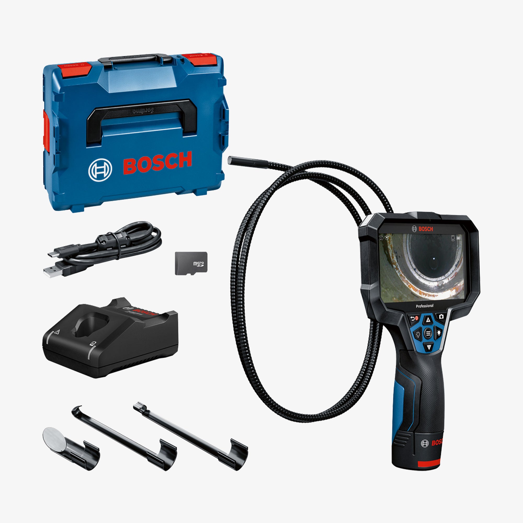 BOSCH 0601241401 GIC 12V-5-27 C Rohrkamera in L-BOXX 136 mit 1 x GBA 12V 2,0Ah Akku, Haken, Magnet, Spiegel