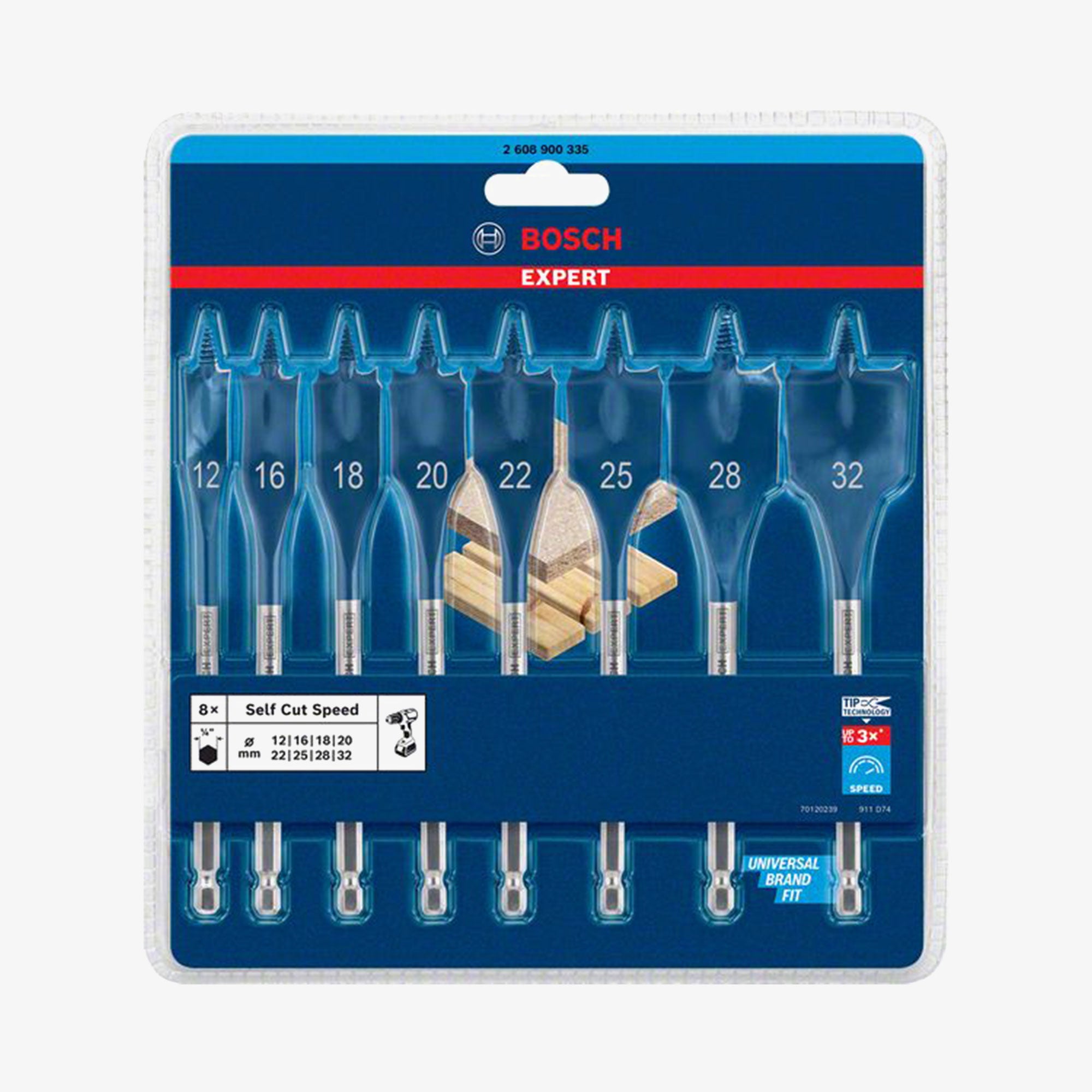 BOSCH 2608900335 Flachfräsbohrer-Set EXPERT Self Cut Speed, 12/16/18/20/22/25/28/32 mm, 8-tlg.