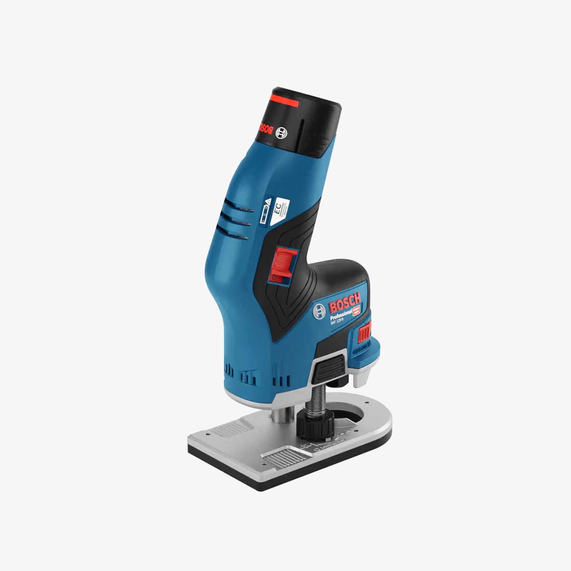 BOSCH 06016B0000 GKF 12V-8 Akku-Kantenschleifer in L-BOXX 136 mit 2 x 3,0 Ah Akkus, Spannbacke