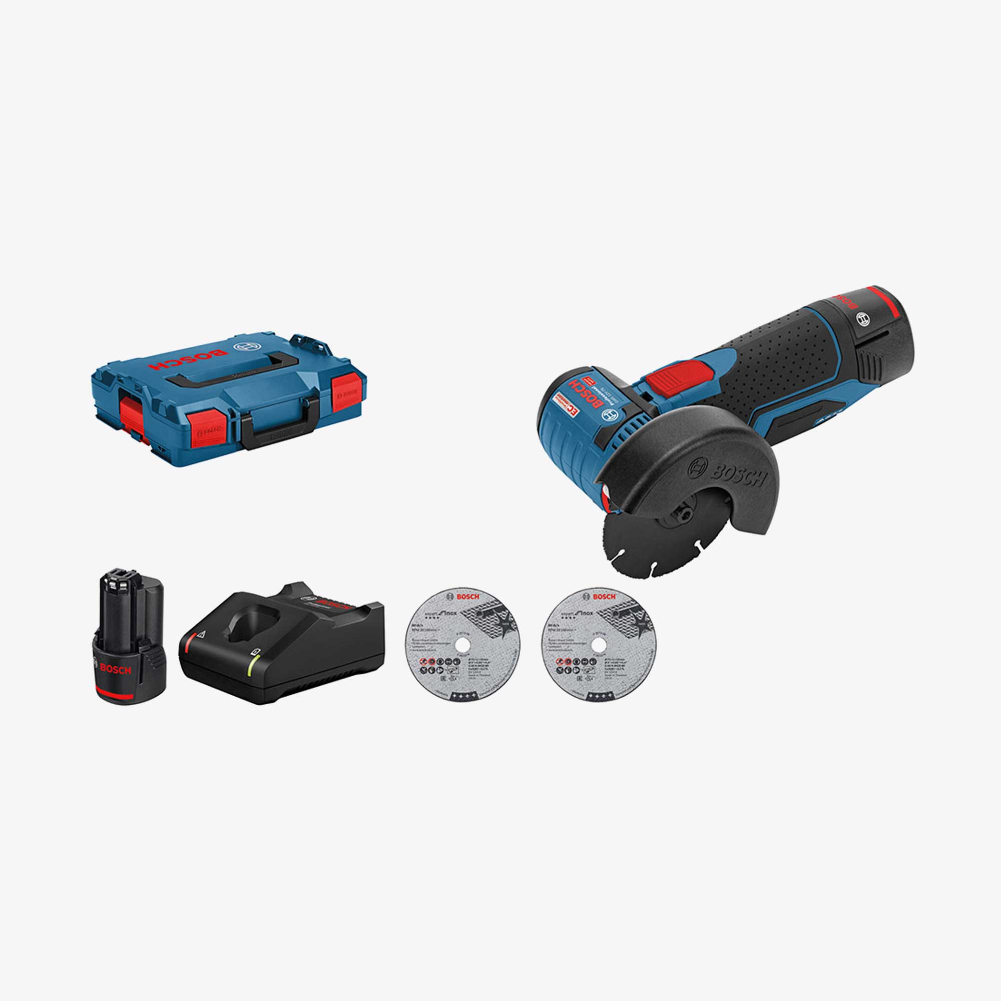 BOSCH 06019F200B GWS 12V-76 Cordless angle grinder in L-BOXX 102 with 2 x 3.0 Ah batteries, cutting-sanding plate