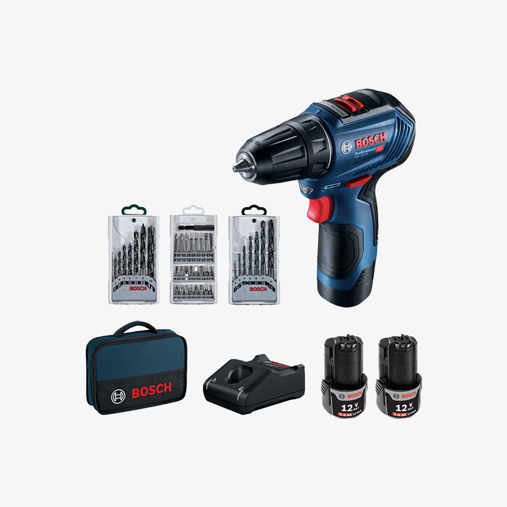 BOSCH 06019G9001 GSR 12V-30 Cordless drill-driver in carrying bag with 2 x 2.0 Ah lithium-ion batteries, fast charger