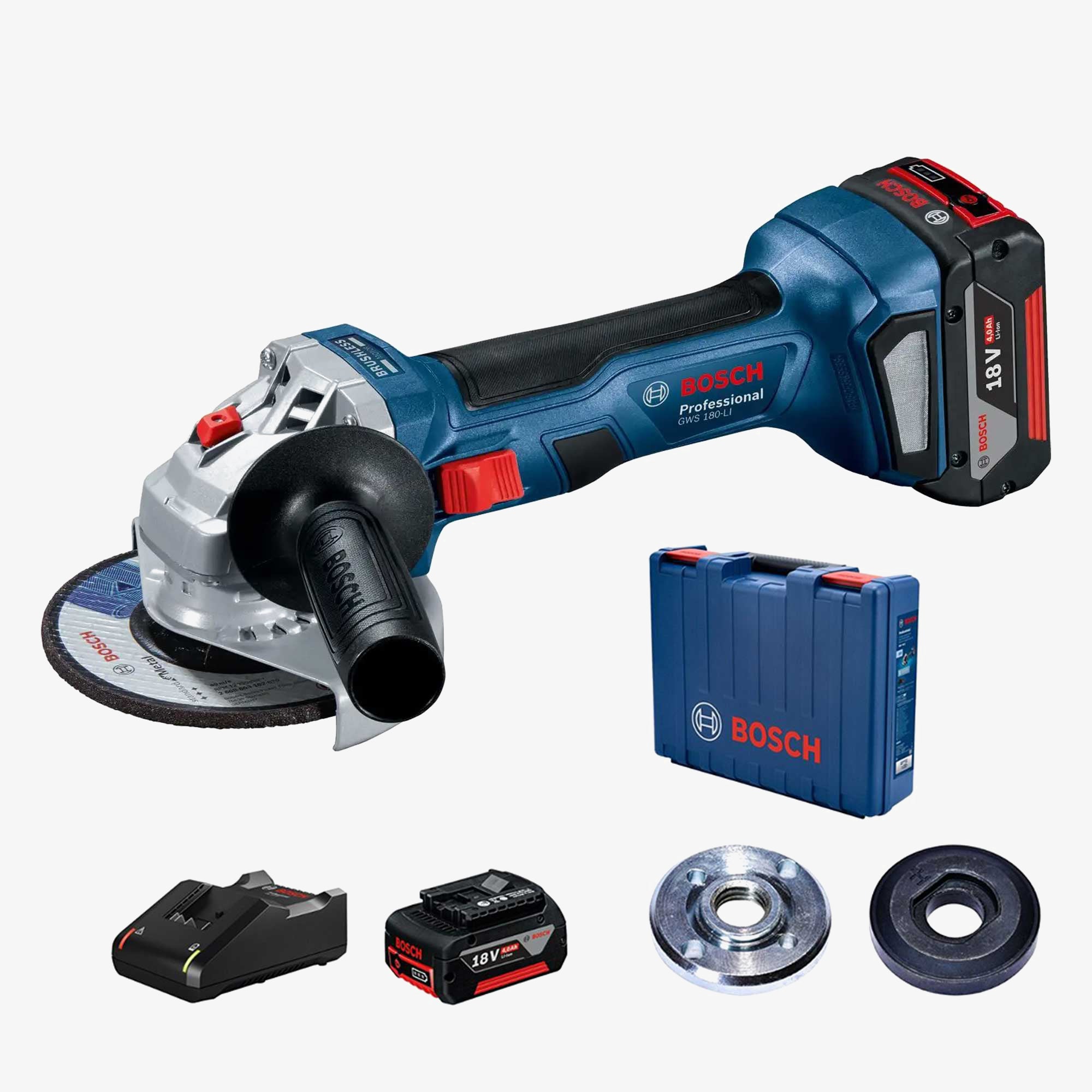 BOSCH 06019H9021 GWS 180-LI 125 mm Akku-Winkelschleifer, 2X4Ah, Metall.